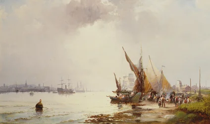 Vissersvolk aan de Oever in een Kalm Estuarium bij Dageraad